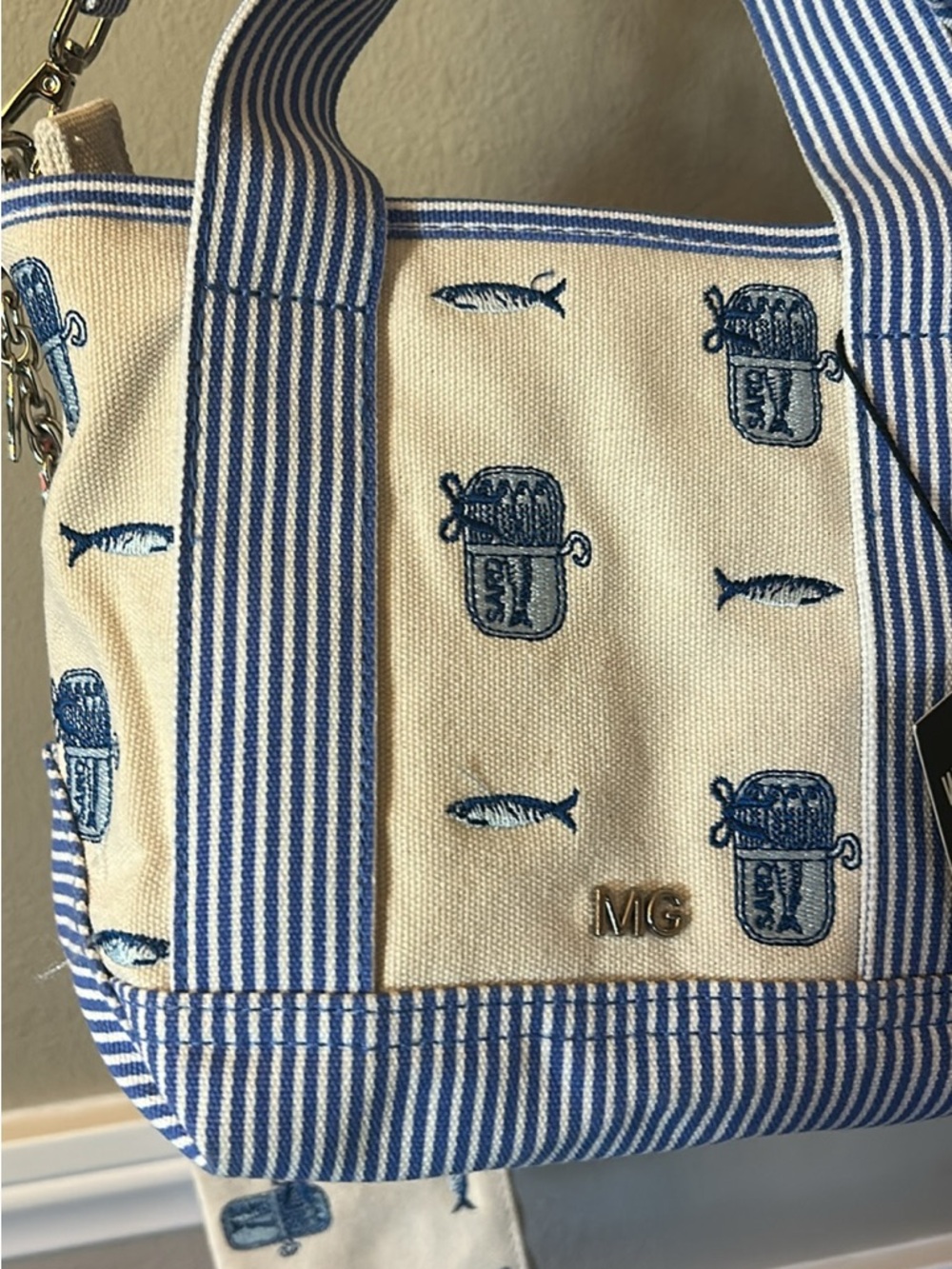 Viral TJMaxx Striped Canvas Tote with Blue Embroidery and Fish Charms!